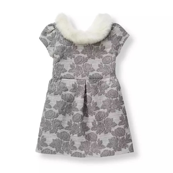 Nwt Janie And Jack Faux Fur Collar Jacquard Dress In Dove Grey Floral | Size 12
